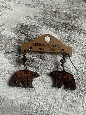 Sitka, Alaska Bear Wood Drop Earrings - Brown with Burgundy Accents